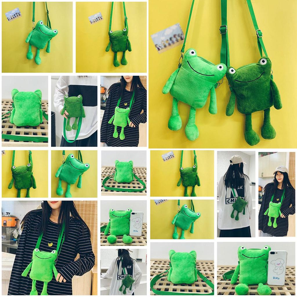 Cute Green Frog Plush Shoulder Bag For Women Cartoon Character Crossbody Purse With Zipper Closure