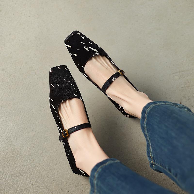 Horse Hair One-word Buckle Mary Jane Shoes Flat Leather Women's Shoes 2025 Autumn and Winter New Versatile Korean Version of Women's Leather Shoes