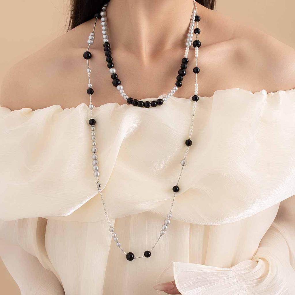 Creative Design High-End Beaded Neck Chain Long Double-Layer Retro Black Beaded Necklace Women'S Niche Simple Necklace