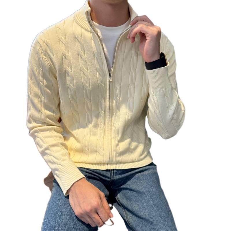 Men's Autumn & Winter Stand-Up Collar Patchwork Cardigan Sweater - Thick Cotton, Solid Color Knitwear