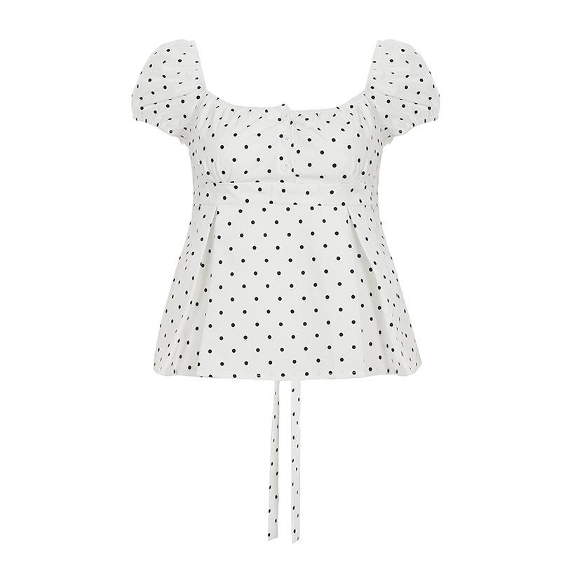 2025 Eng anliegendes T-Shirt mit Puffärmeln, Polka-Dots und V-Ausschnitt