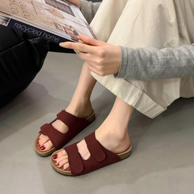 Fashion Summer New Style Flat Sandals Women Fashion Round Head Shallow Mouth Open Toe Cow Suede Set Foot Anti-slip Wear Slippers