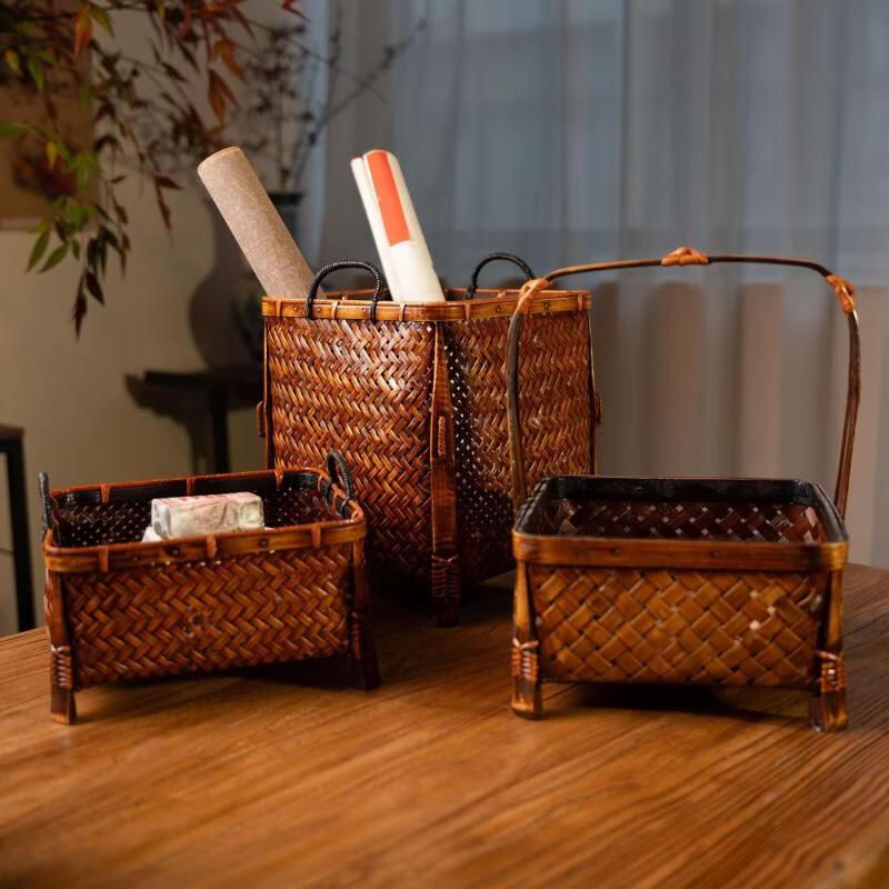 Chinese Style Distressed Lacquer Bamboo Storage Box