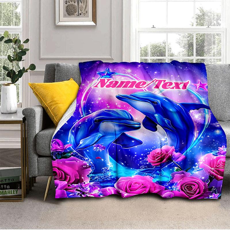 1PC Custom Name Dolphins Starry Fantasy Outdooor Flannel Blankets Throw Blanket All-Season Throw Gift Bedspread for Couch, Bed, Camping Holiday Birthd