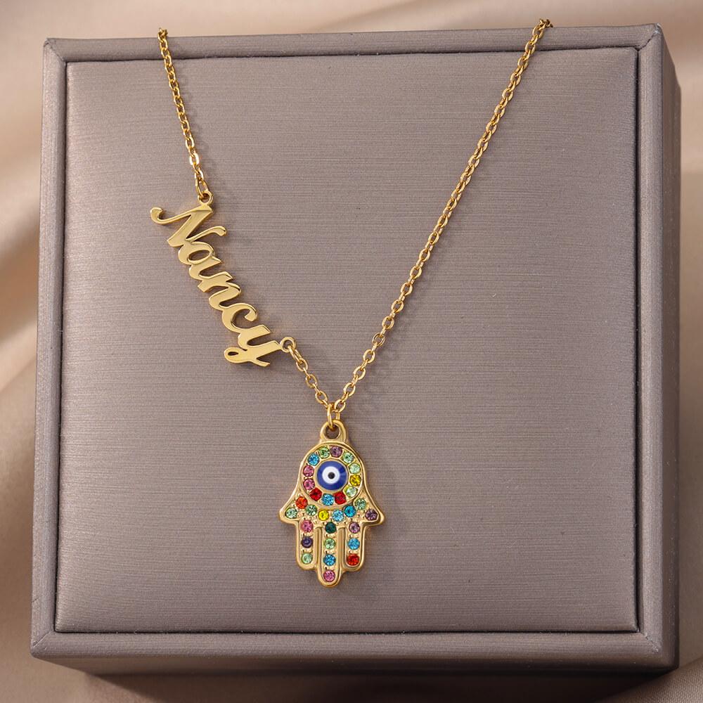 Colliers Lettre Nom Personnalisé Pour Femmes Avec Zircon Main de Fatima Nom Personnalisé Œil Maléfique Collier Bijoux Esthétiques de Noël Y15035YY-50cm&Style2(Choose  Font) gray