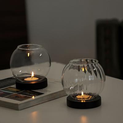 1PC Tealight Candle Holder Wedding Transparent Retro Glass Burn-Proof Wooden Base for Tabletop Decor