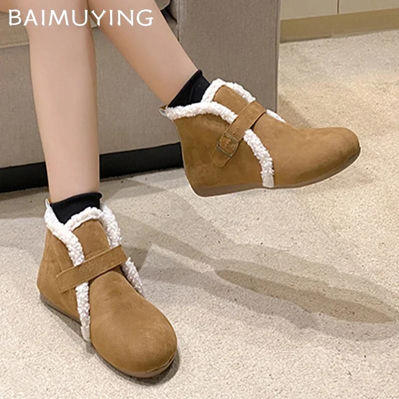 Fur Flats Women Snow Ankle Boots Suede Short Plush Casual Cotton Shoes 2025 Trend Designer Buckle Warm Winter Botas De Mujer