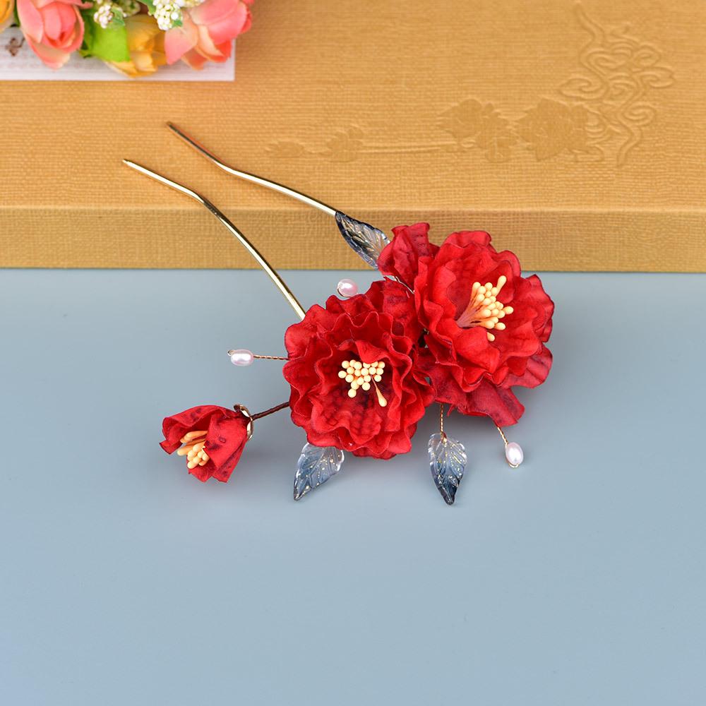 Red Silk Flower Ancient Style Hairpin and U-Shaped Pin Hair Accessory for Qipao, Hanfu, or Wedding