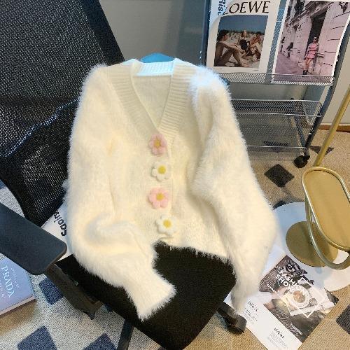 

Spring and Autumn Knitted Cardigan Imitation Mink Fleece Sweater Sweet Candy Color Flower Design Fashionable Small Invasion Temperament Women s Coat ONE SIZE