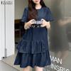 ZANZEA Women Casual Round Neck Summer Short Sleeve Ruffles Dress