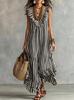 Specially for Bohemian Striped Ruffle Edge V-neck Sleeveless Long Skirt, Holiday Style Loose Swing