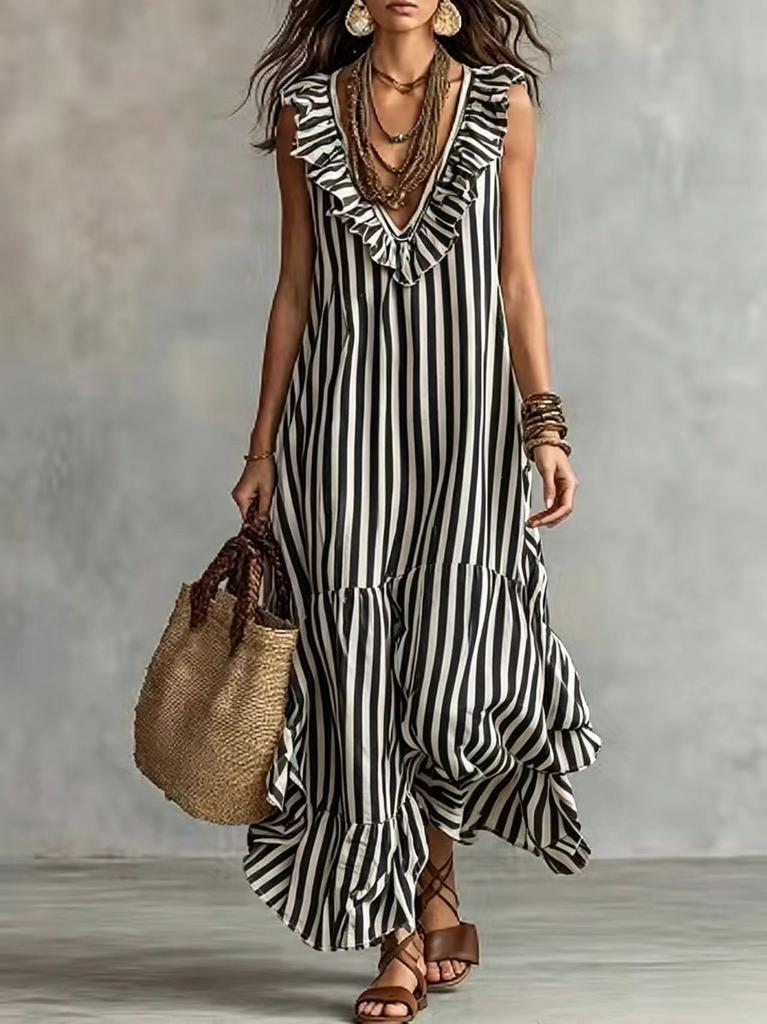 Specially for Bohemian Striped Ruffle Edge V-neck Sleeveless Long Skirt, Holiday Style Loose Swing