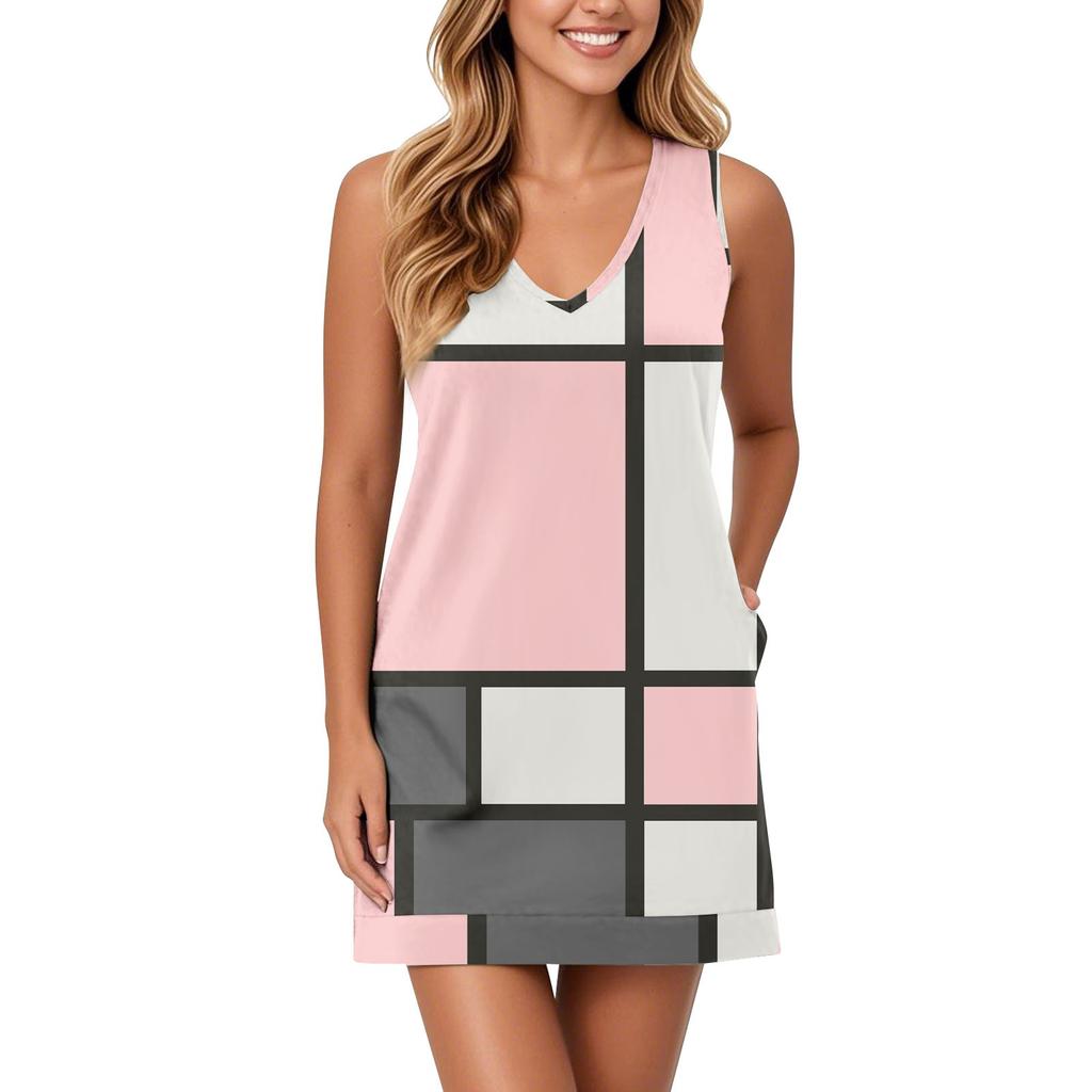 Women's V-neck Sundress Sleeveless Casual Geometric Print Dress With Pockets