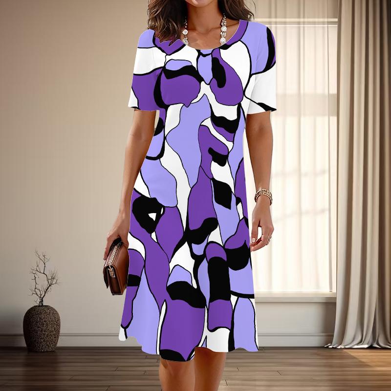 

Женская мода изящный простой принт лето весна короткий рукав О-образный вырез повседневные платья L фиолетовый