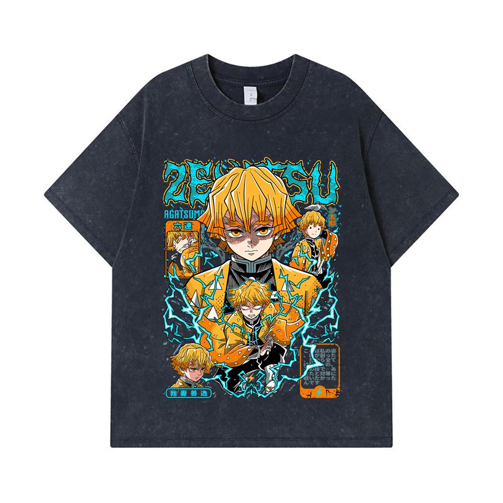 275 GSM Gewaschene T-Shirts 100% Baumwolle Demon Slayer V100 Zenitsu Print Unisex Schweres Baumwoll-T-Shirt