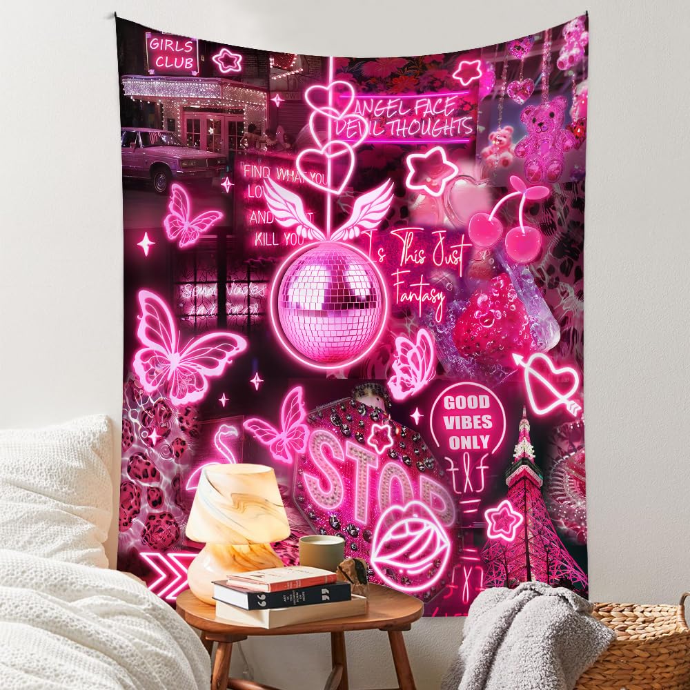 Neon Sun & Moon Tapestry, Psychedelic Rainbow Celestial Print with Clouds On Black Background, Wall Hanging for Boho Decor