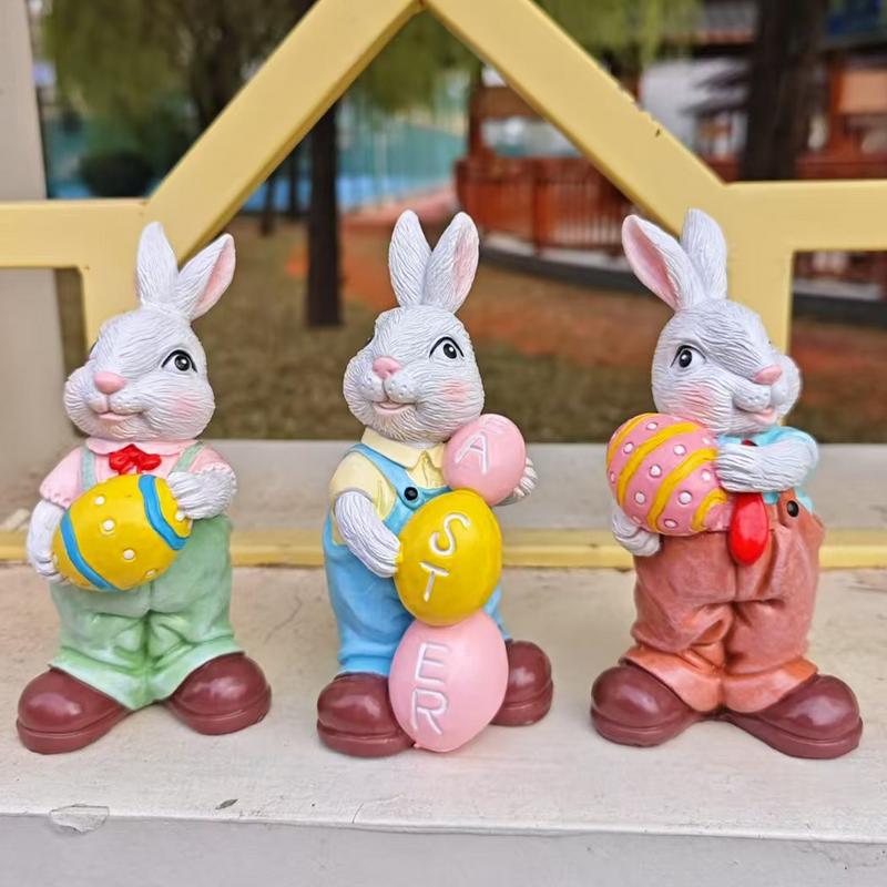 Easter Resin Rabbit Figurine with Egg Simulation Bunny Figurines Spring Farmhouse Home Garden Decorations Animal Sculpture