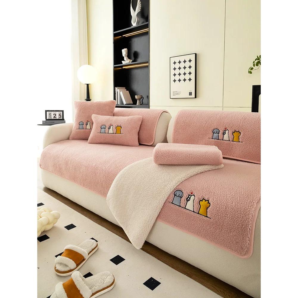Lamb Plush Sofa Cushion Winter Warm Thickening Non-Slip Living Room Sofa Cover Cloth Universal Leather Sofa Recliner Cover