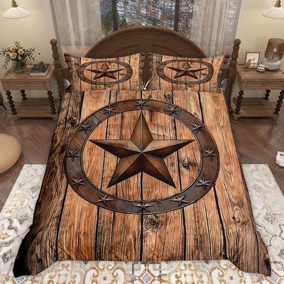 Homewish Juego de Funda Nórdica Estrella de Texas Retro Marrón Turquesa Juego de Funda de Colcha Puerta de Granero Rústico Vintage Casa de Campo Juego de Ropa de Cama