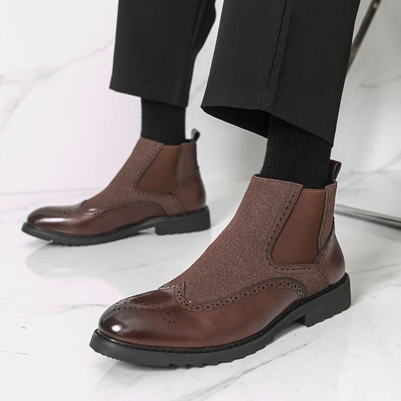 Fashion Designer New Men's Pointed Patchwork Patent Leather Casual Brogues Ankle Boot Male Winter Brown Black High Tops Shoes