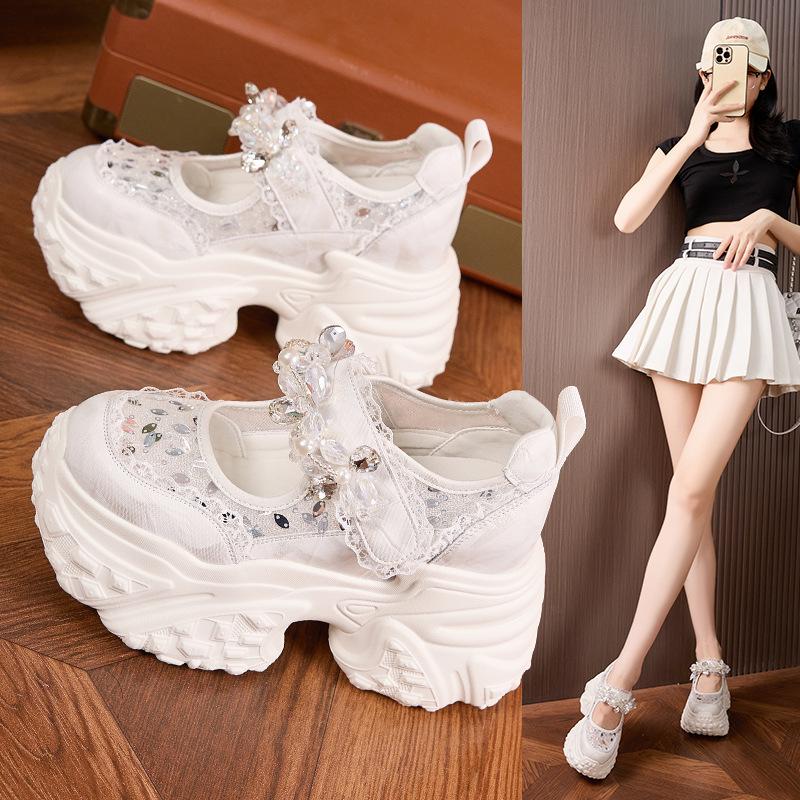 Platform Mary Jane shoes women's 2025 summer new Velcro shoes flower rhinestone sandals versatile inner height increase women's shoes