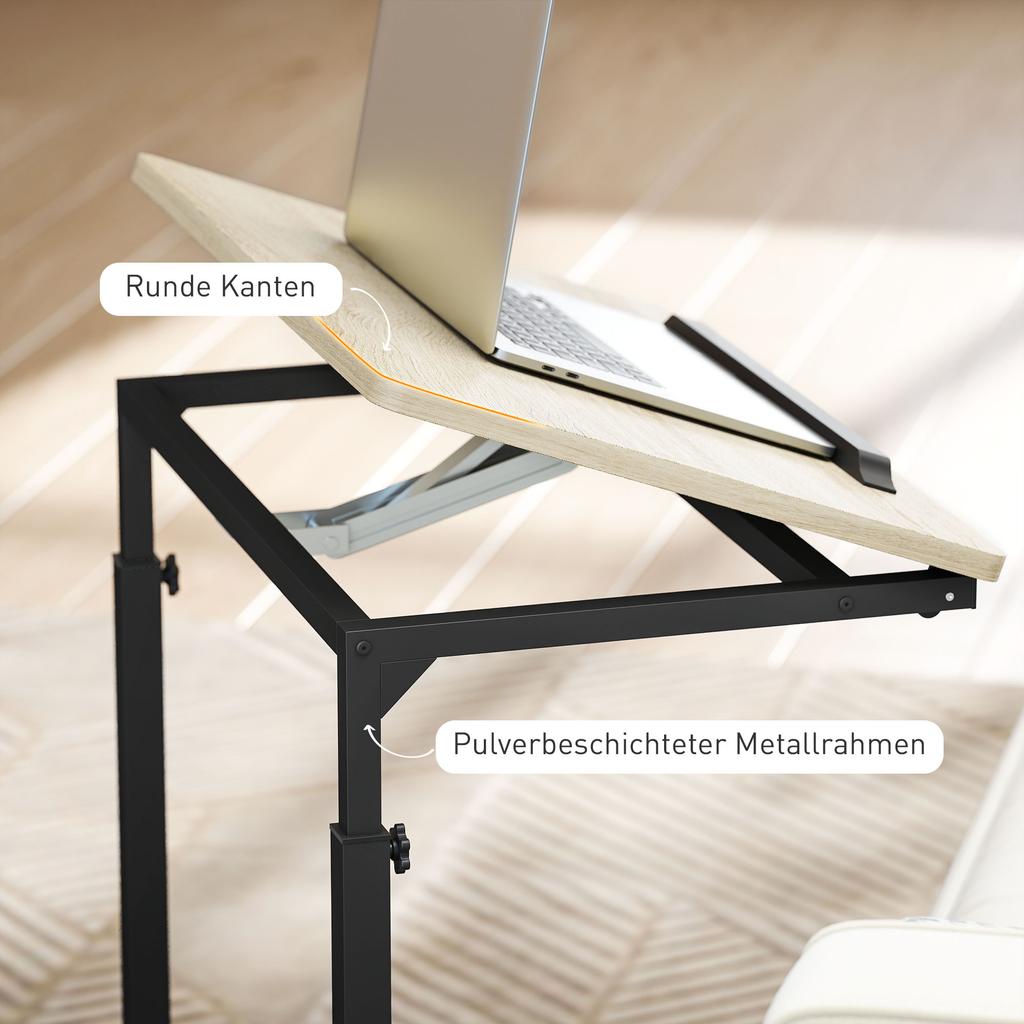 Side Table, Desk, Nightstand, Height-Adjustable, 4 Casters, Metal Frame