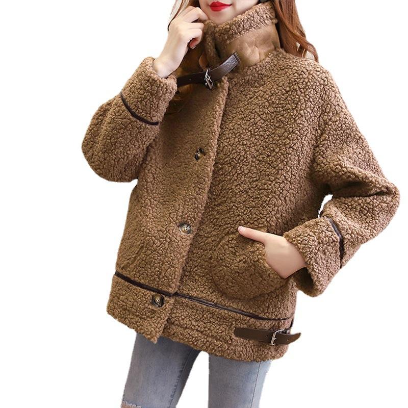 Lammwollmantel Damen Langarm Locker Herbst und Winter mit verdicktem Fell integriert Plüsch warmes Oberteil