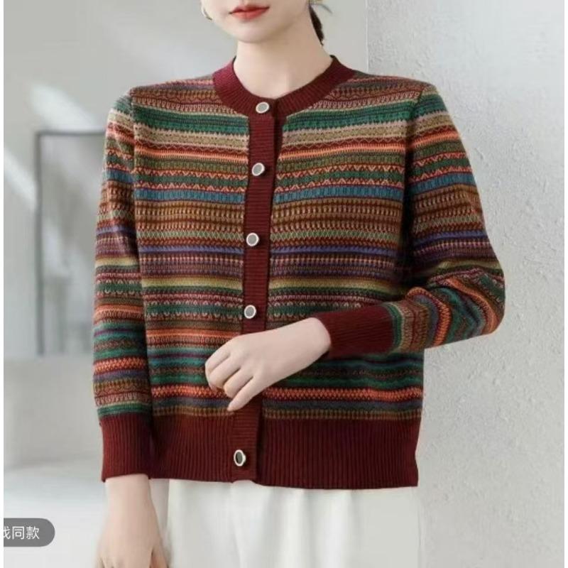 Spring New Word Collar Contrasting Color Buckle Loose Color Bar Fashion Casual Knitted Jacket Cardigan Sweater Women