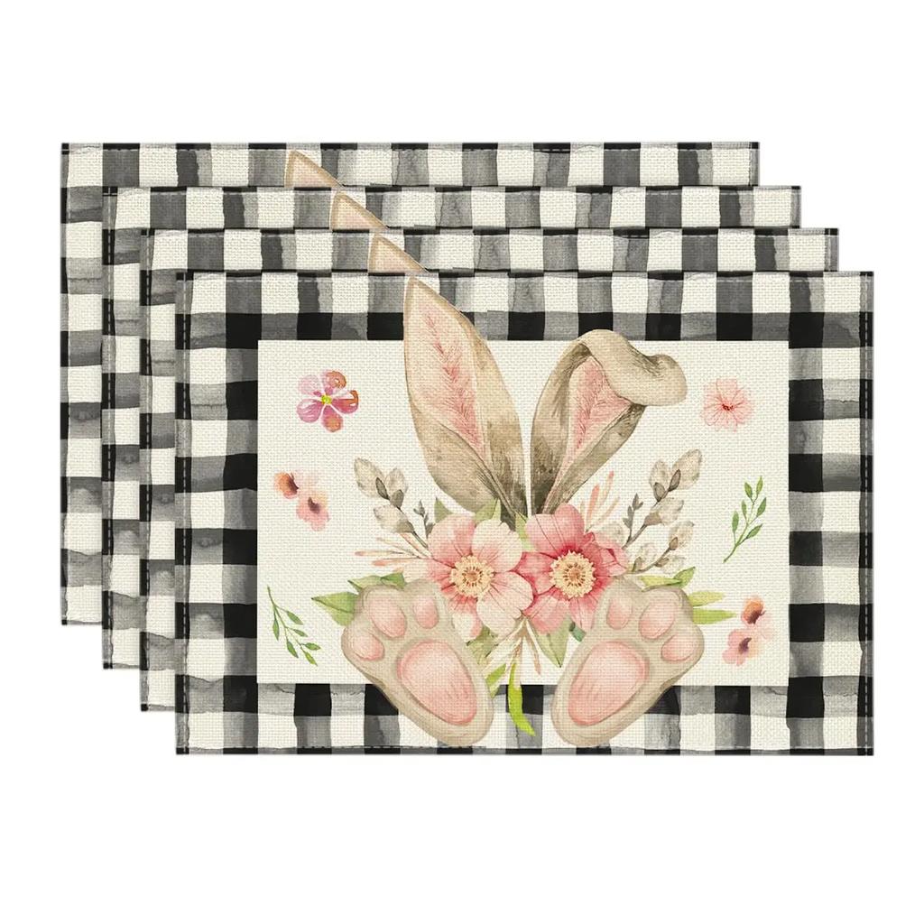 1PC Easter Placemats Buffalo Plaid, Bunny Ear Foot, Flower,Seasonal Table Mats for Party, Kitchen, Dining Decor