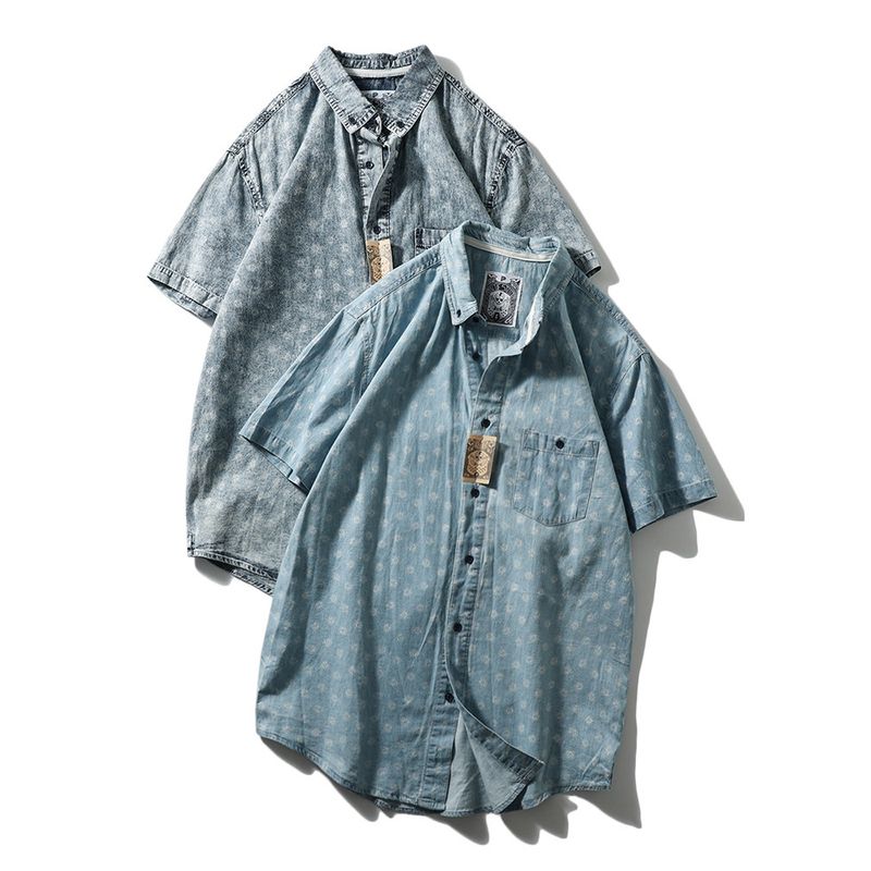 Foreign Trade Export To Domestic Sales American Vintage Pure Cotton Denim Shirts Men's Short Sleeve Summer Thin Men's Casual Shirt