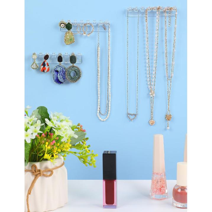 12Pcs Self-Adhesive Necklace Organizer, Necklace Holder Wall Mounted, Hanging Jewelry Organizer with 8 Hooks for Necklaces, Bracelets, Rings,