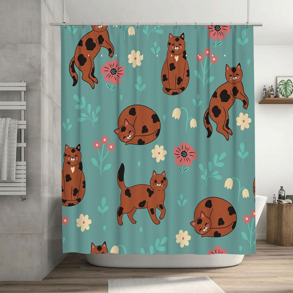 Cute Cats Shower Curtain Blue Floral Print Fabric Waterproof Bathroom Decor Set for Home Decoration Size: 72x72 (183cm x 183cm)