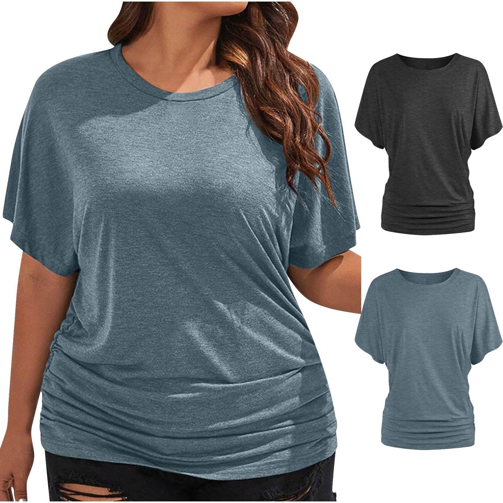 

Women s Solid Color Large Size Round Neck Loose Pleated Loose Short Sleeve T-shirt Top