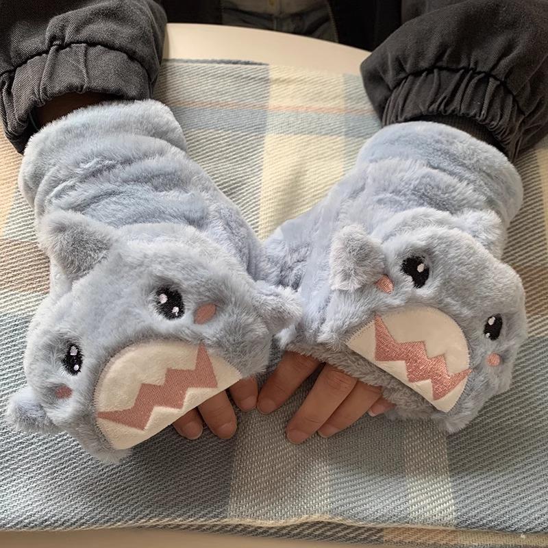 Gloves for Women In Winter Cute Shark Half Finger Plush Thickened Flip Student Fingers To Prevent Cold  Men Keep Warm and Velvet