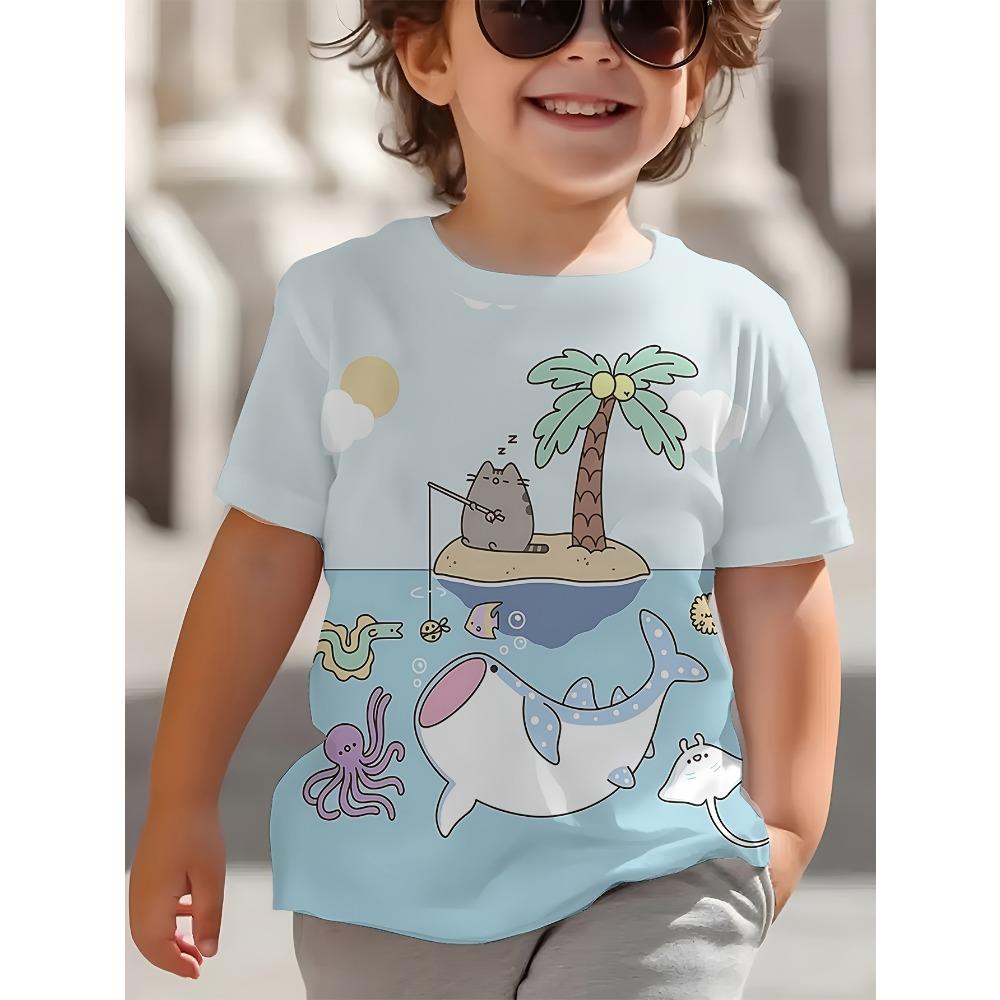 New Summer Girls Clothes Cartoon Cute Cat Graphic T Shirt Short Sleeve Tops for Girls 4 To 6 Years Casual Children's Clothing