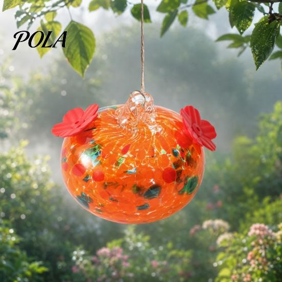 Blown Glass Hummingbird Feeder, Outdoor Hanging Colorful Nectar Feeder with Two Flower Feeding Ports for Garden Backyard Decor Sale Goods