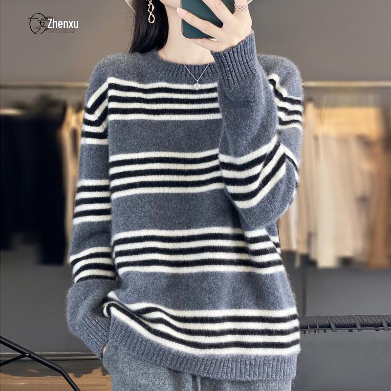 Women's 100% Wool Striped Round Neck Sweater