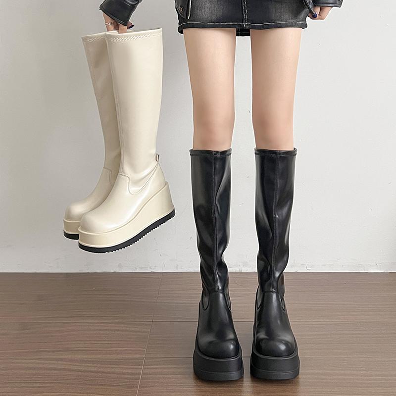 Punk Stil Plateau Keilabsatz Damen Kniehohe Stiefel Mode Slip On Höhenerhöhung Weibliche Ritter Stiefeletten