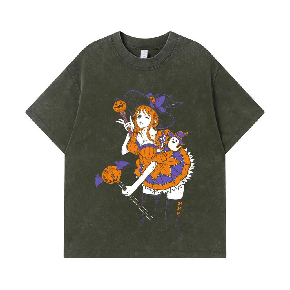 

275 GSM Washed T-shirts 100% Cotton One Piece V34 Nami Halloween Print Unisex Heavy Cotton T Shirt S армия зеленый