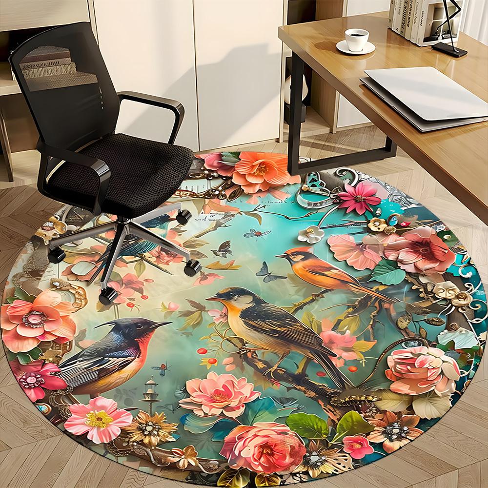 1PC Floral Birds Office Round Area Rug, Mat Suitable For Office, Under Office Chairs Bedroom Living Room Home Decor, Room Deco