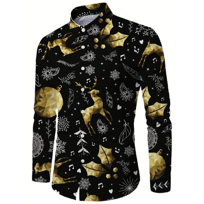 Christmas Theme Men's Gift Elk Graphic Printed Formal Shirts Christmas Graphics Long Sleeve Shirt Fashion Men's Shirts For Men