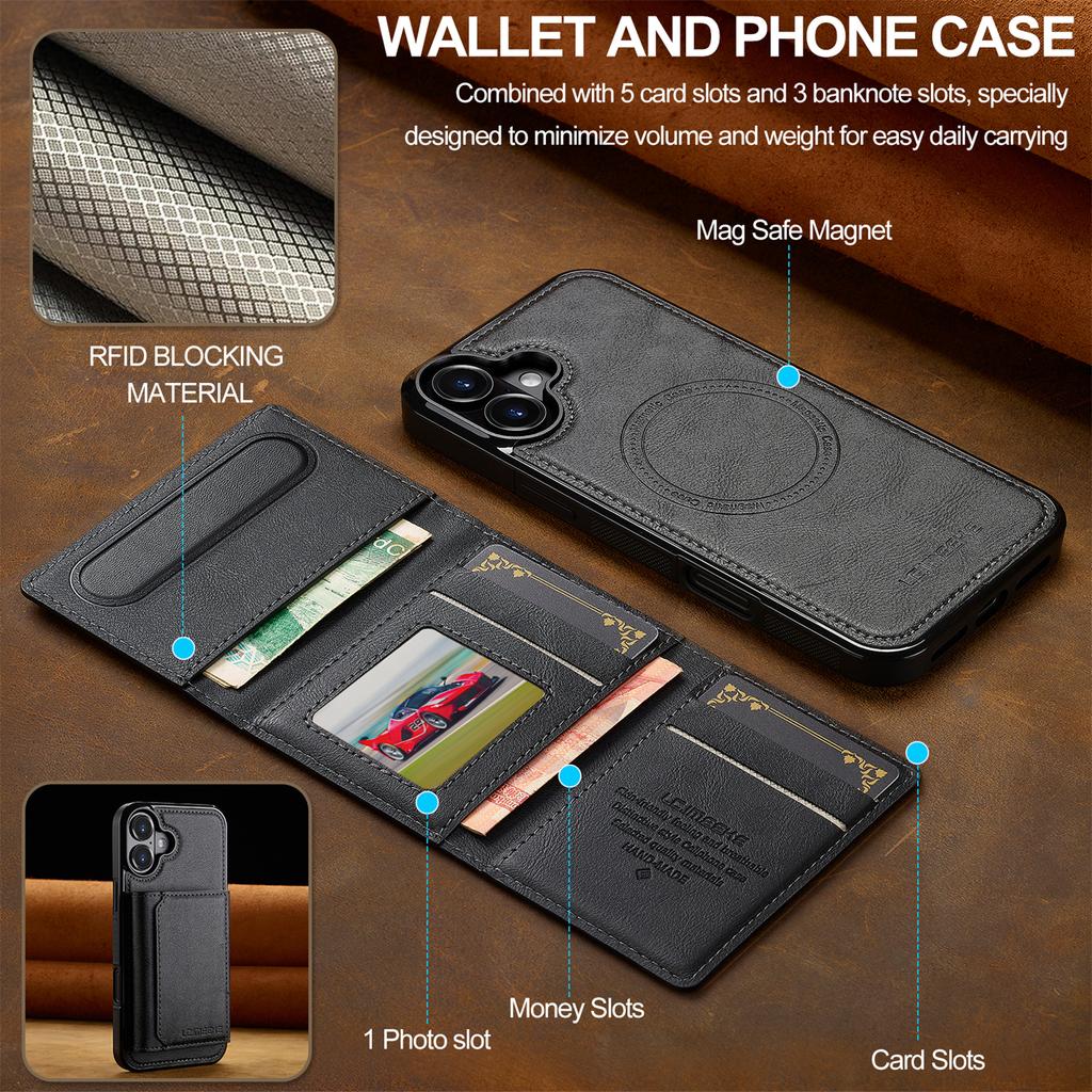 LC.IMEEKE L5 For iPhone 17 Magnetic Phone Case Leather Back Cover with Detachable Card Holder