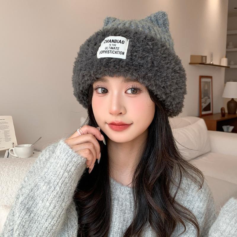 Fashionable and Versatile Patch Plush Knitted Hat Korean Casual Windproof Warm Hat Big Head Surround Women's Hat