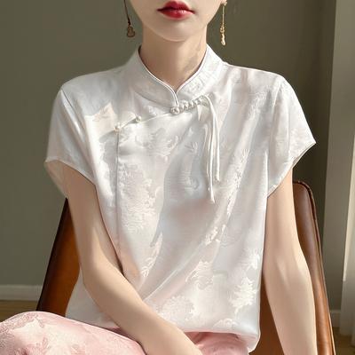 Summer Women's T-shirt Silk Standing Collar Plate Button T-shirt Vintage Printed Satin Short Sleeve Tops