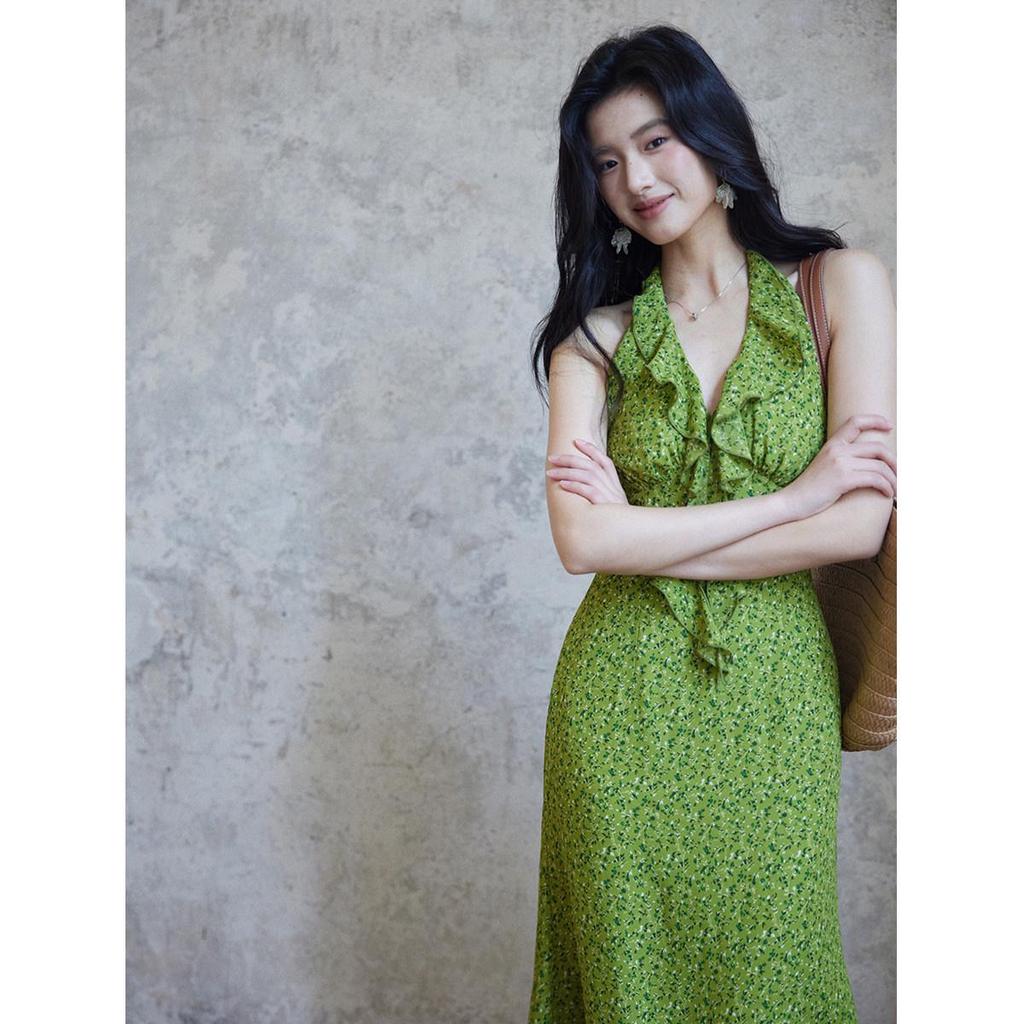 Er Yang Design French Floral Green Halter Neck Maxi Dress, V-neck Sleeveless Long Dress for Women