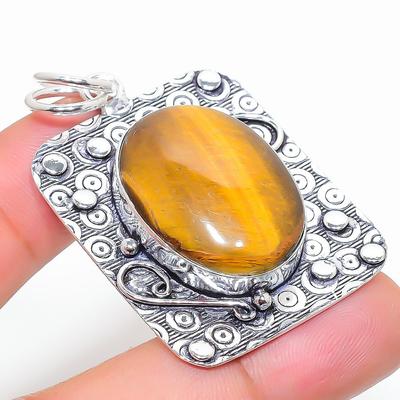 Natural Tiger Eye Gemstone Handmade 925 Sterling Silver Pendant 2.09" H1o46