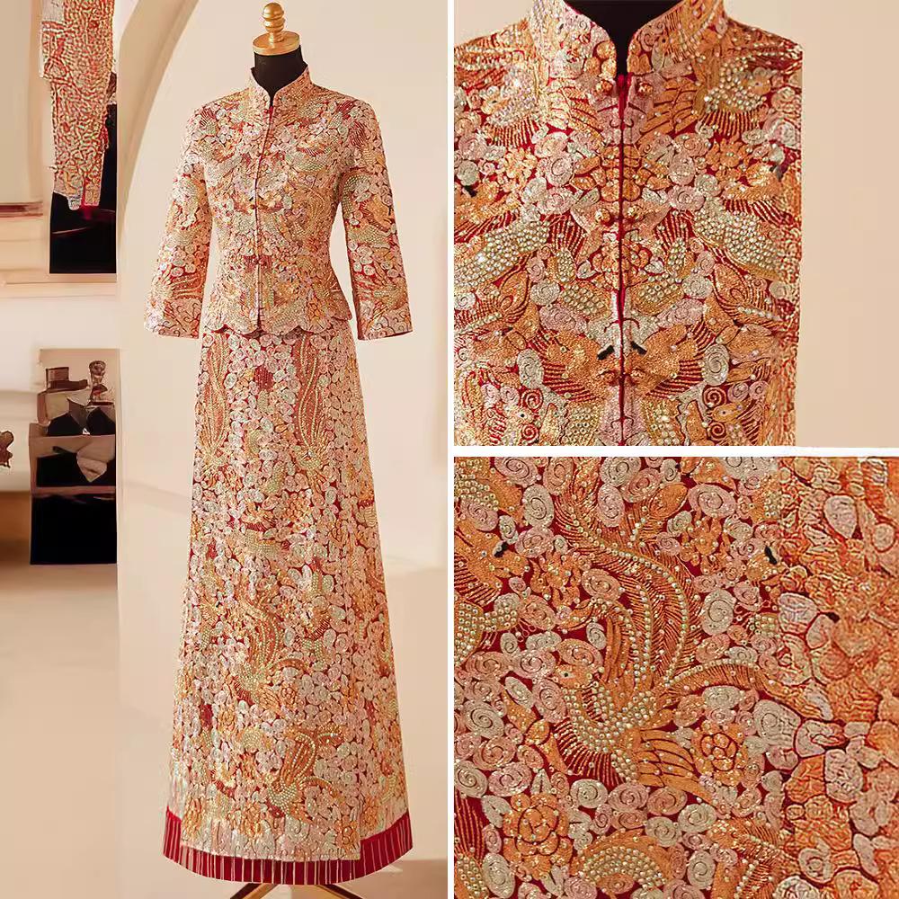 2025 Embroidered Dragon & Phoenix Kua Xiuhe Wedding Dress - Retro Chinese Slim Fit Bridal Toasting Gown