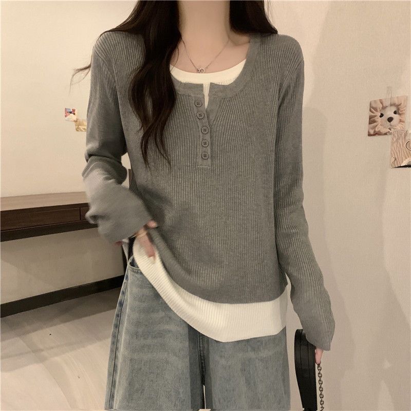 

Glutinous Belly Covering Fake Two Pieces Sweaters Knitwear Women s Fall and Winter New Arrival Fat Sister Loose Slimming Long Sleeves Bottoming Shirt Gray 2XL [Recommended 70-80kg]