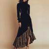 Womens Vintage Leopard Print Patchwork Zipper Long Dress With Puff Sleeves Ruffled Hem