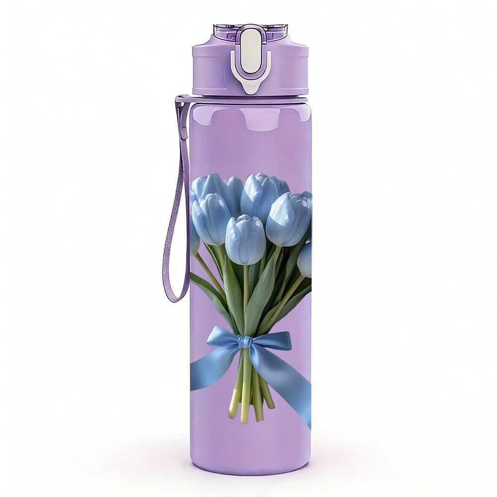 1PC Blue Cornflower Bouquet With Ribbon Print 750ml Color Plastic Sports Water Bottle Leakproof Flip Straw Lid Suitable for Sports Office Home Use